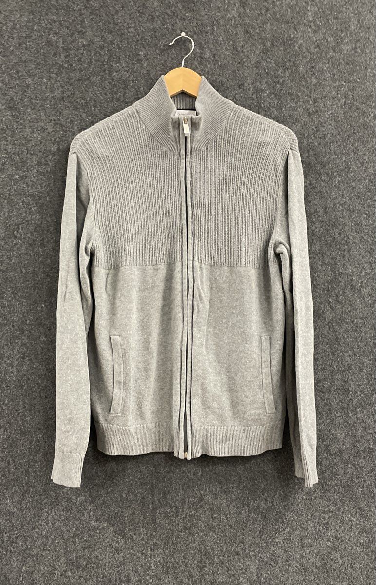 Calvin Klein Men's Gray Full Zip Mock Neck Ribbed Knit Sweater Jacket Sz S