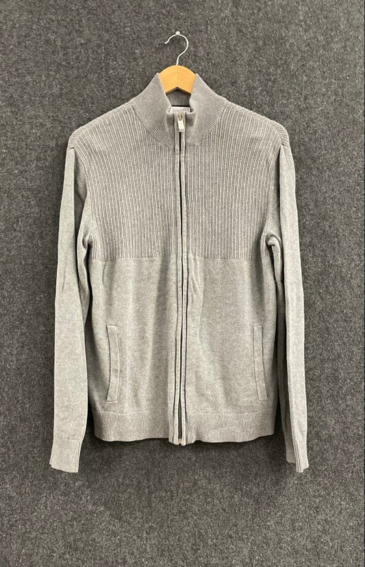 Calvin Klein Men's Gray Full Zip Mock Neck Ribbed Knit Sweater Jacket Sz S
