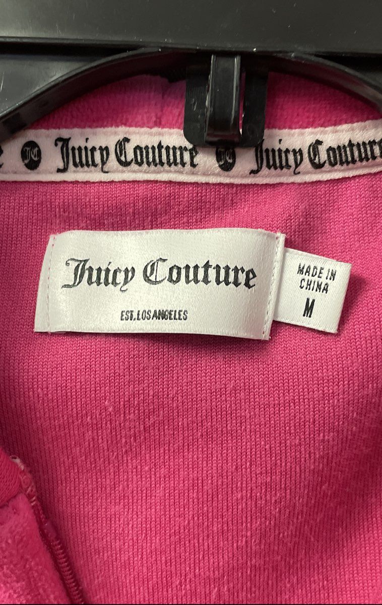 Juicy Couture Women's Pink Velour Zip-Up Hoodie Glitter Back Graphic Sz M
