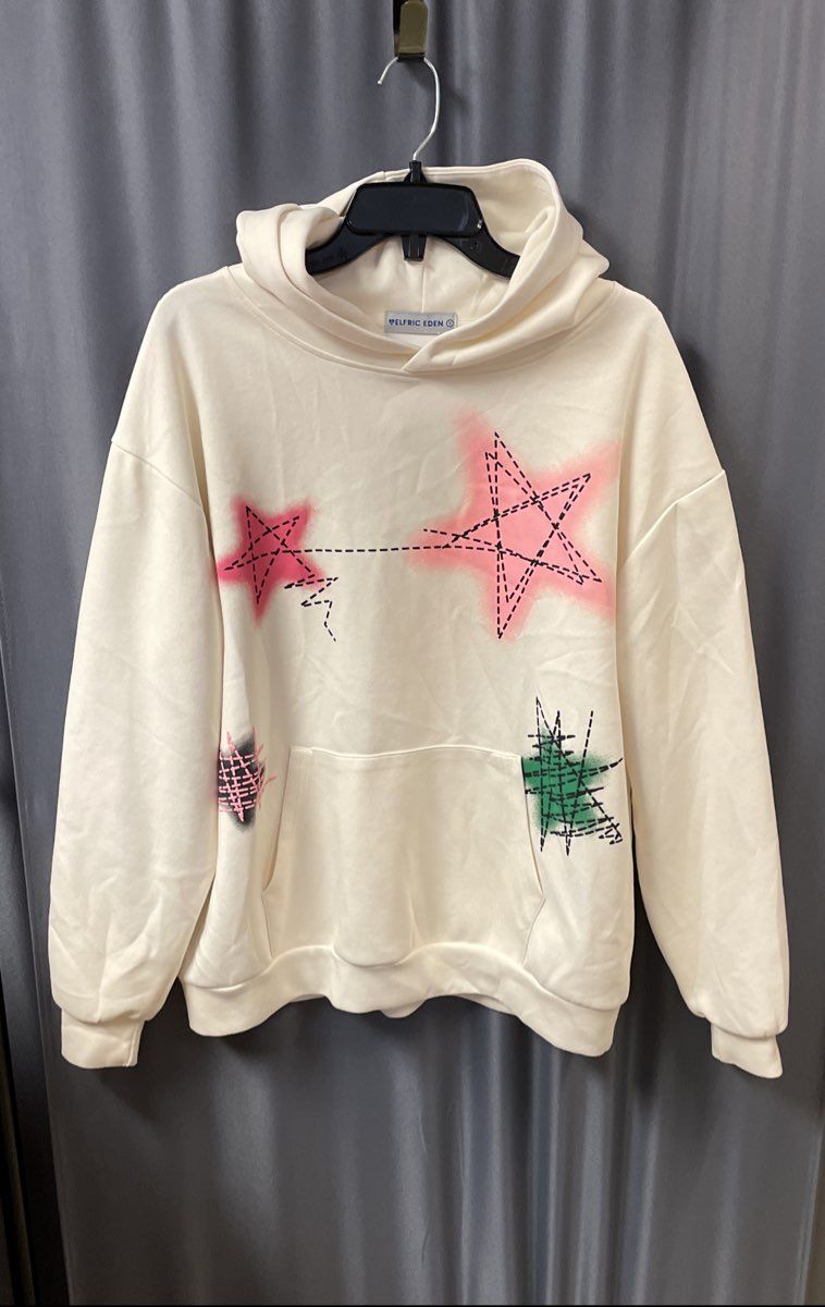Elfric Eden Cream Star Graphic Pullover Hoodie Streetwear Aesthetic Sz S