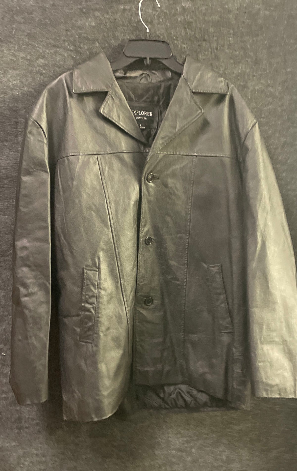 Vintage Y2K Explorer Leather Men's Black Button Front Collared Jacket Sz L