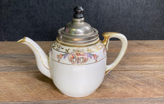 Vintage Styled Nippon Hand-Painted Gold Trim/Floral Teapot W/Metal Lid & Filter