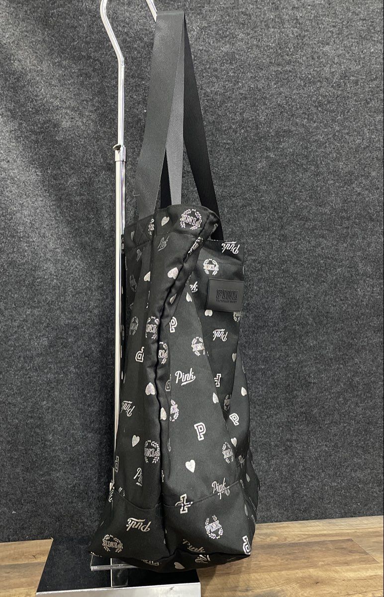 Victoria's Secret PINK Black Silver Logo Heart Print Fabric Tote Bag Large