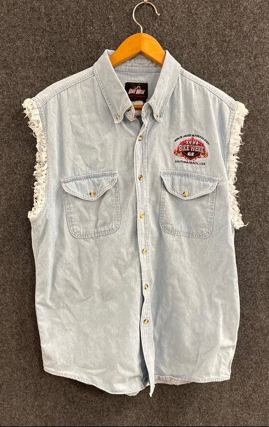 Bike Week Men's Light Blue Denim Vest 2006 Daytona Beach 65th Anniversary Sz XL