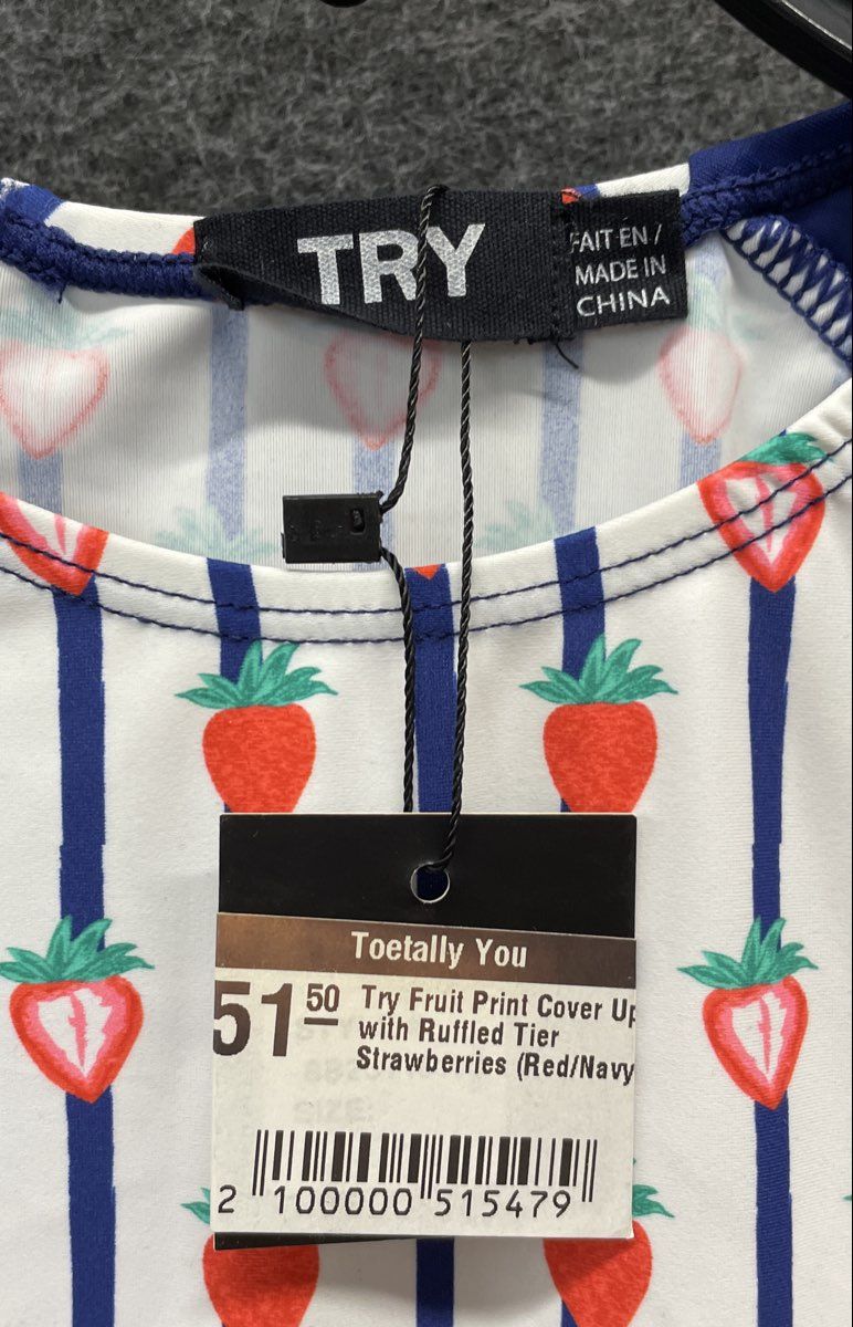 TRY Women's Strawberry Print Swim Cover Up Dress Blue Stripe Ruffled Tier Sz 18