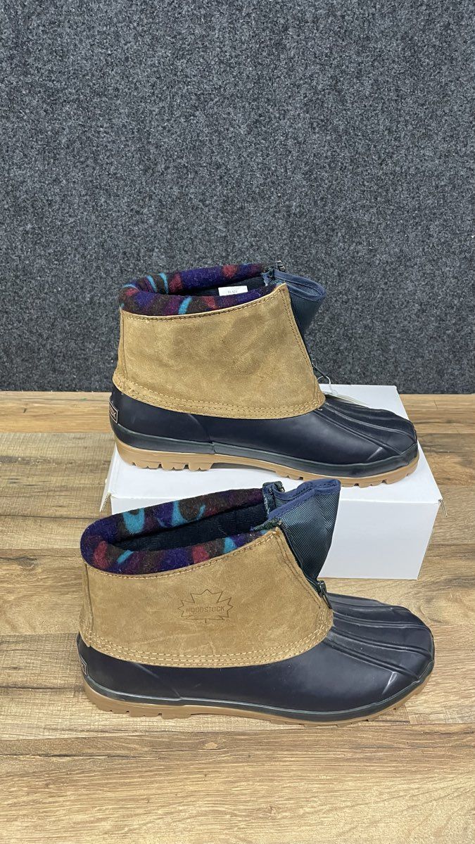Woodstock Blaze Tan Navy Front-Zip Duck Boots Men's Size 11 NWT