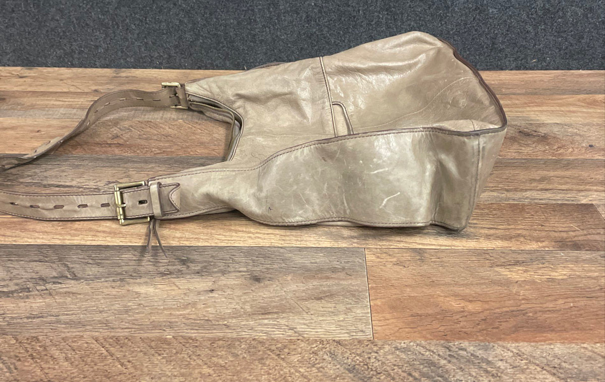 HOBO Taupe Beige Leather Slouchy Shoulder Bag Brass Hardware