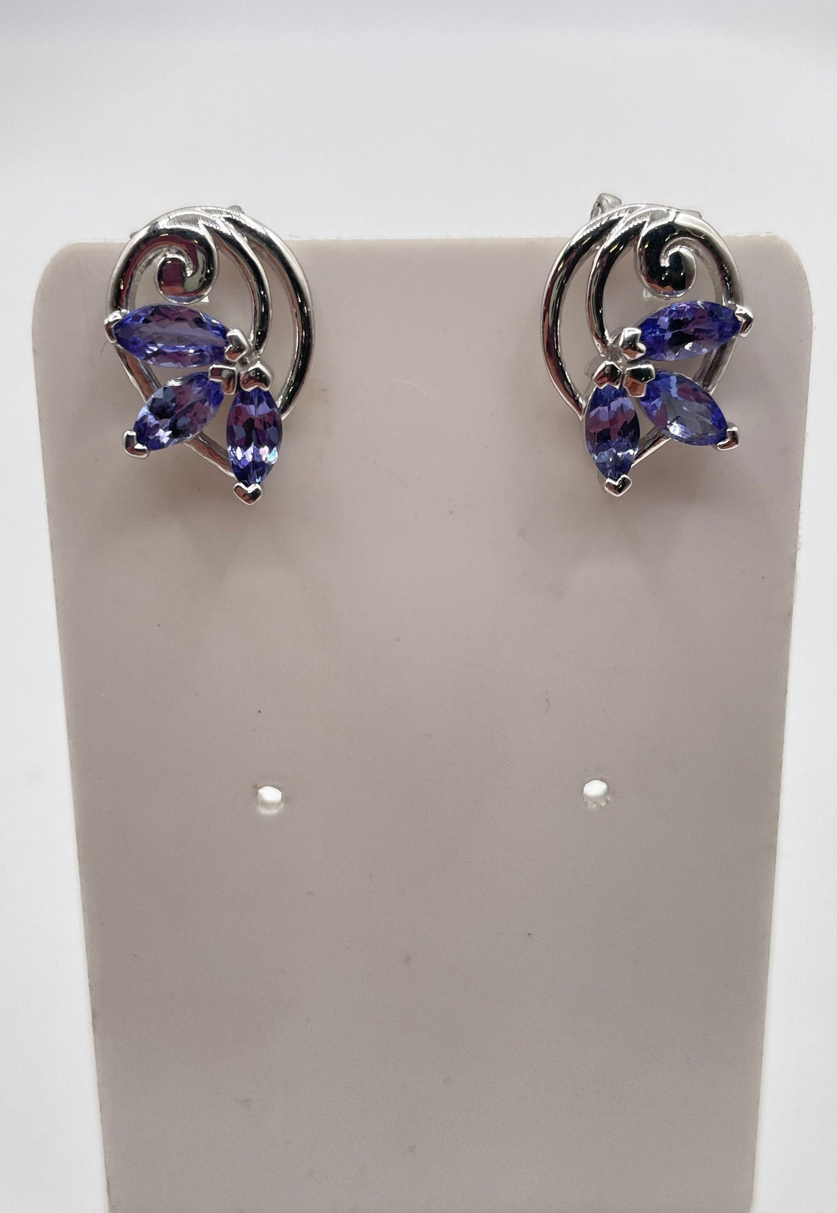 925 Sterling Silver Iolite Floral Omega Back Earrings 5.5g