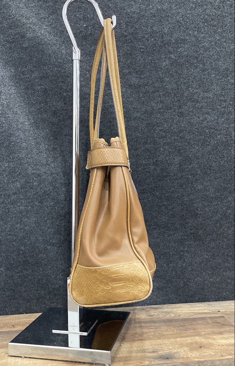 Liz Claiborne Brown Leather Tote Shoulder Bag Faux Croc Embossed Trim