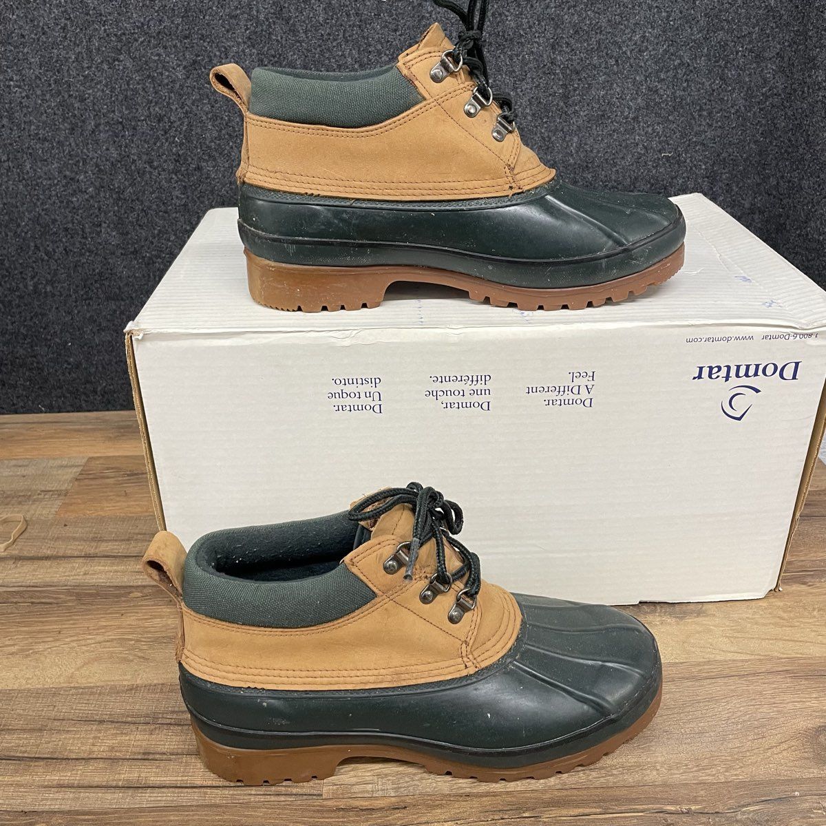 Lands' End Lace Up Duck Boots Tan Green Rubber Leather Ankle Boots Size 9