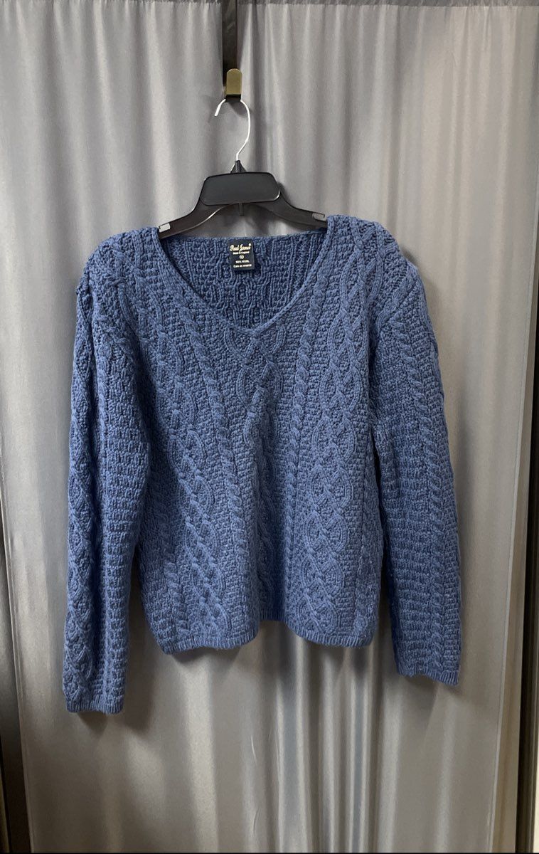 Vintage Paul James Men's Blue Wool Cable Knit V-Neck Sweater England Sz M