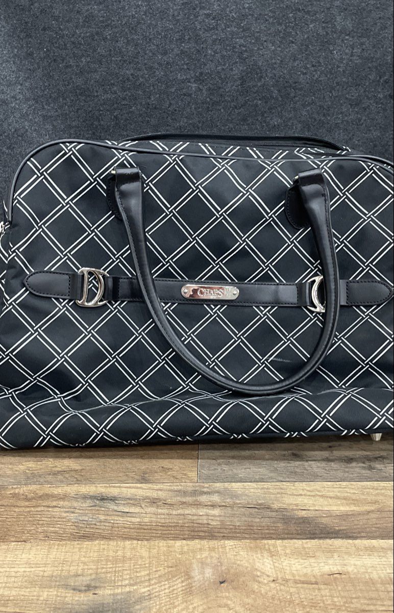 Chaps Black White Lattice Canvas Large Travel Tote Bag Silver Hardware