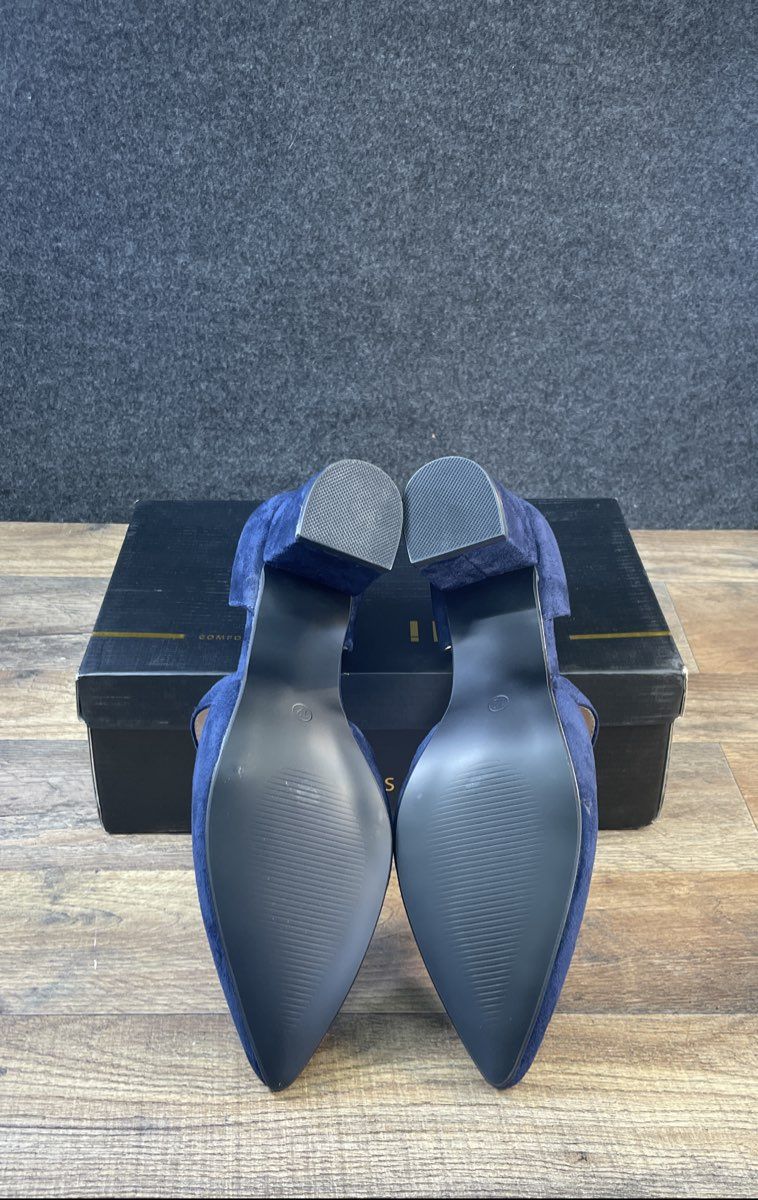 IDIFU Navy Blue Faux Suede Pointed Toe Block Heel Sandals Women's Size 12 DS