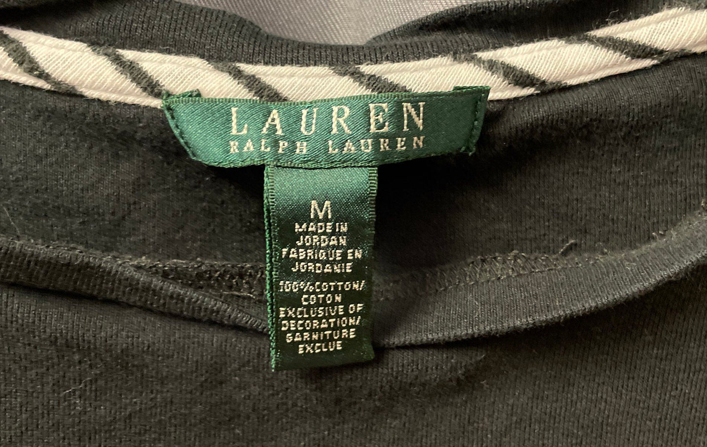 Lauren Ralph Lauren Women's Black Cotton Short Sleeve Tee Striped Sleeve Sz M