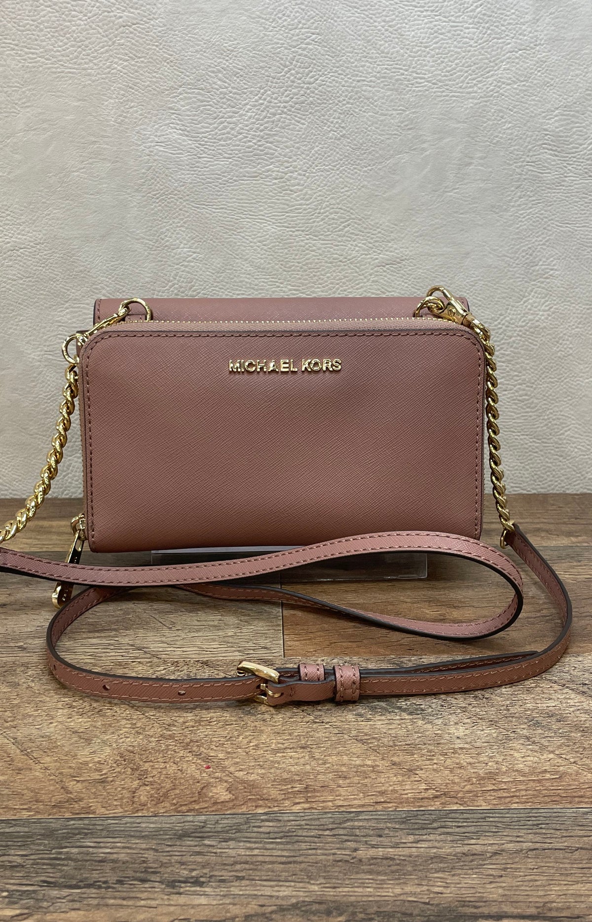 Michael Kors Pink Saffiano Leather Double Pouch Turn-Lock Crossbody Bag Gold