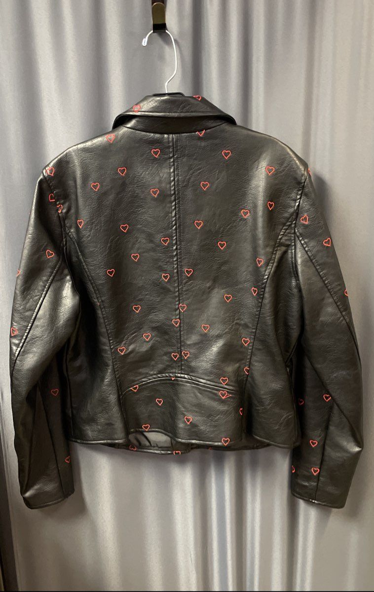Candie's Women's Black Embroidered Hearts Faux Leather Moto Jacket Sz XL