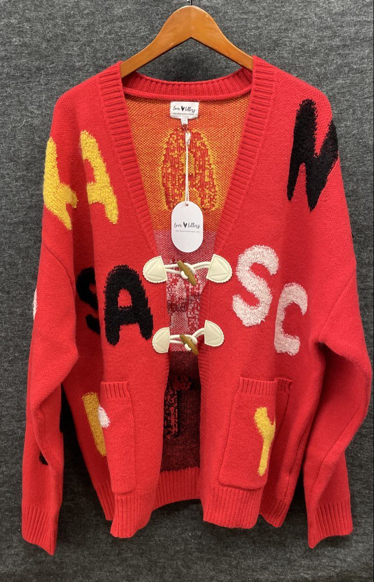 Love Letters Womens Play Call Toggle Cardigan Red Kansas City Sweater Sz XXL NWT