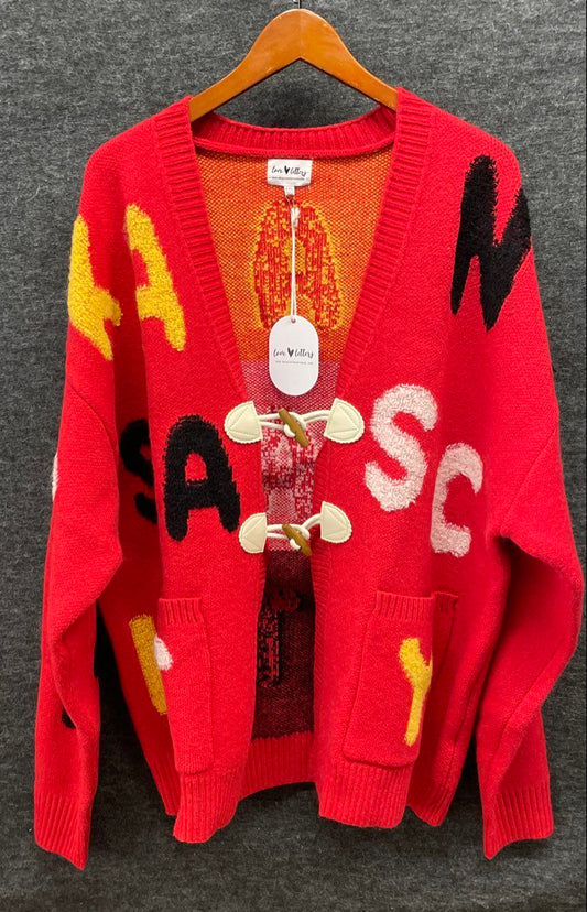 Love Letters Womens Play Call Toggle Cardigan Red Kansas City Sweater Sz XXL NWT