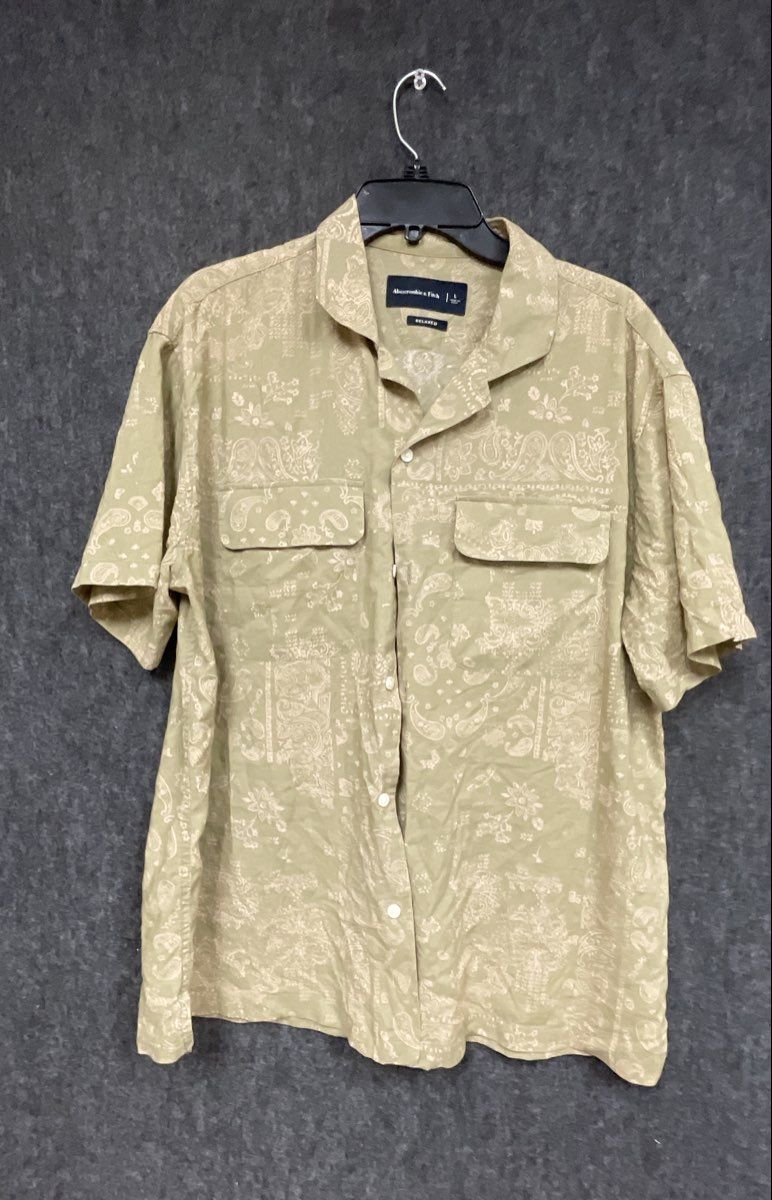 Abercrombie & Fitch Men's Olive Green Relaxed Paisley Floral Camp Shirt Sz L