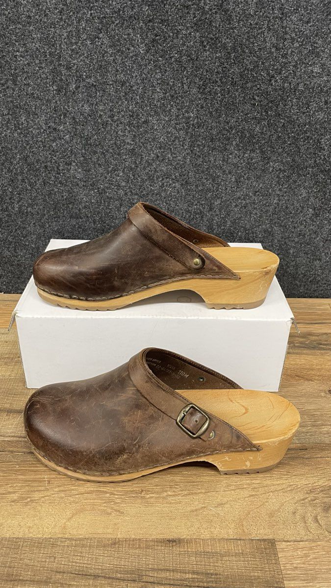 Vintage 90s J. Crew Brown Leather Wood Clogs Buckle Mules Slides Size 10