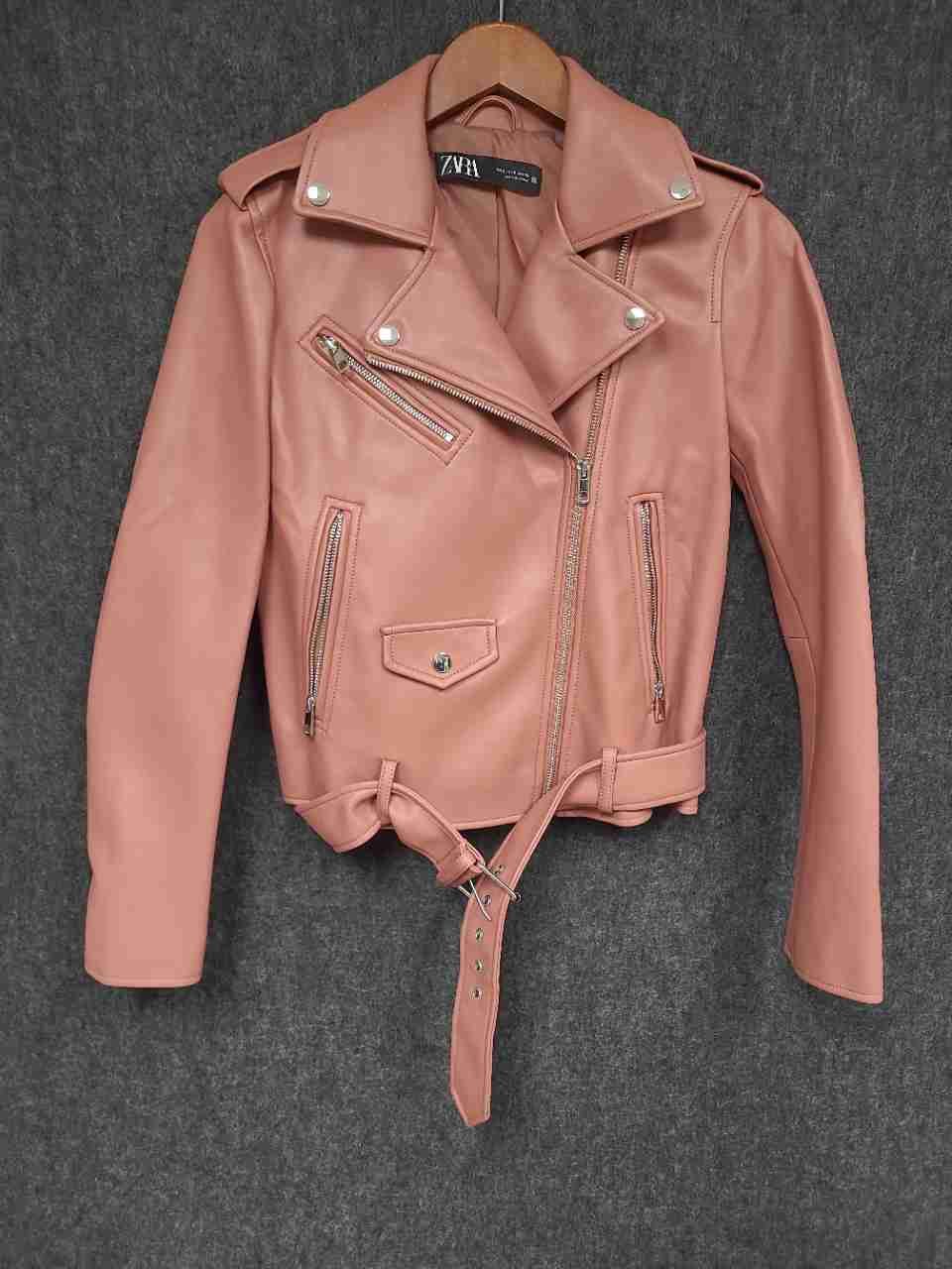 Zara Women's Faux Leather Moto Biker Jacket Blush Pink Belted Size S