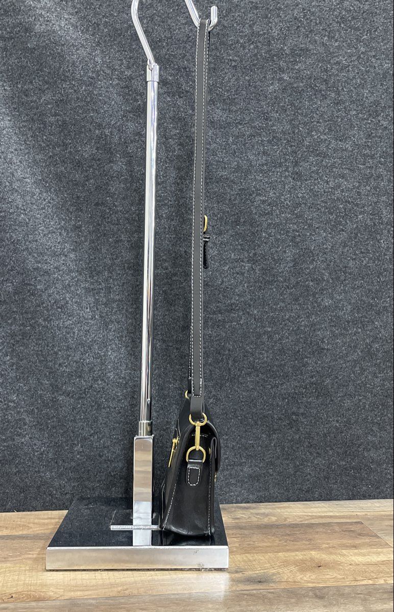Black Leather Crossbody Bag Gold Hardware White Contrast Stitching Small