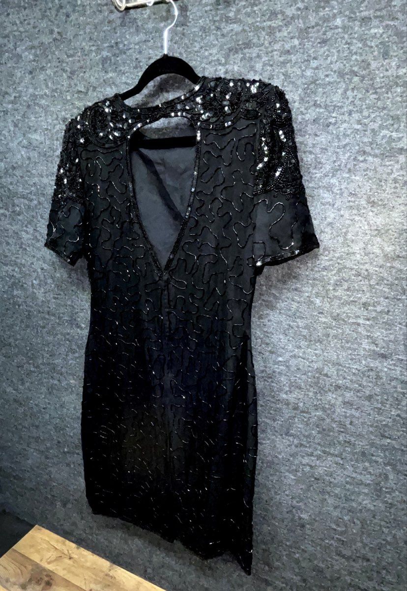 Vintage 90s Women's Black Beaded Sequined Cocktail Dress Keyhole Back