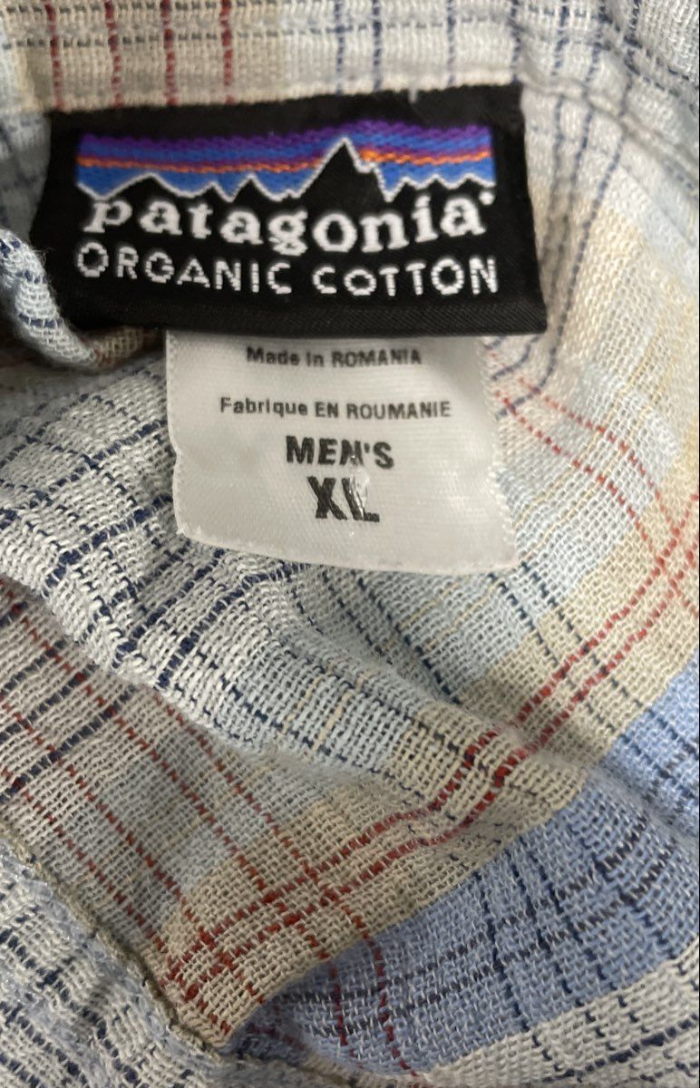 Patagonia A/C Steersman Plaid Shirt Organic Cotton Short Sleeve Blue Tan Sz XL