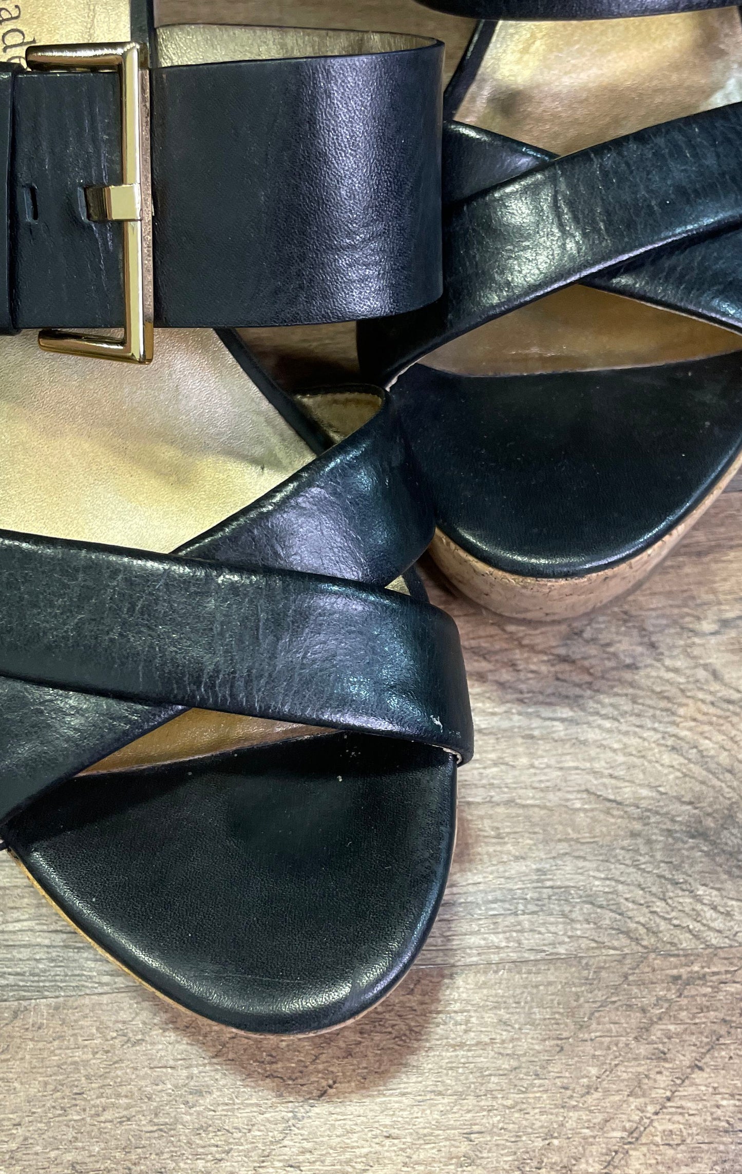 Kate Spade New York Black Leather Cork Platform Wedge Sandals Women's Size 8
