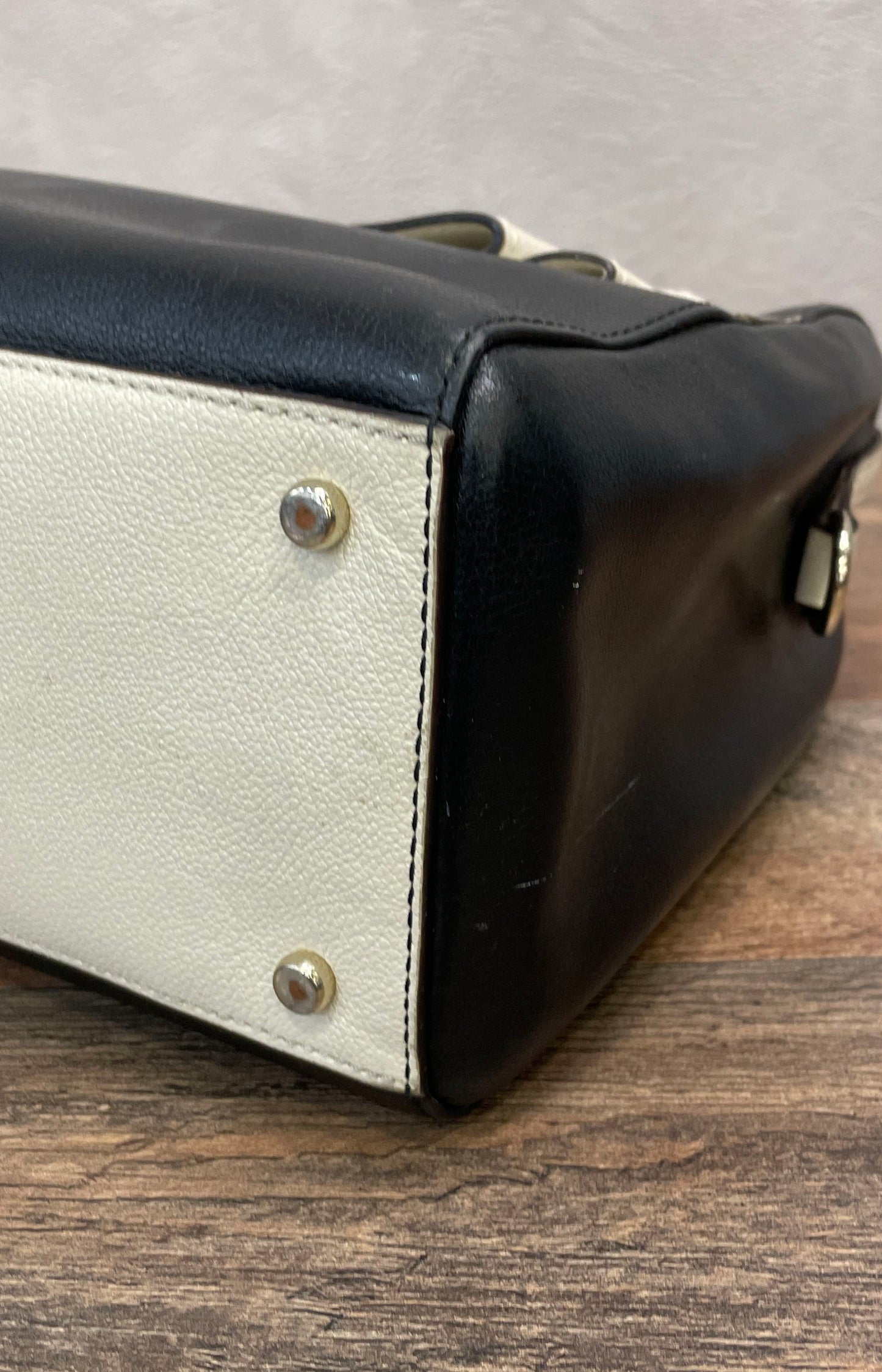 Kate Spade Black White Leather Bow Colorblock Satchel Handbag Gold Hardware