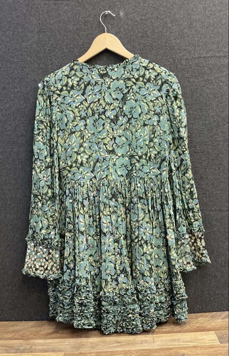 Free People Women's Night Shimmer Green Floral Sequined Ruffle Tunic Dress Sz S