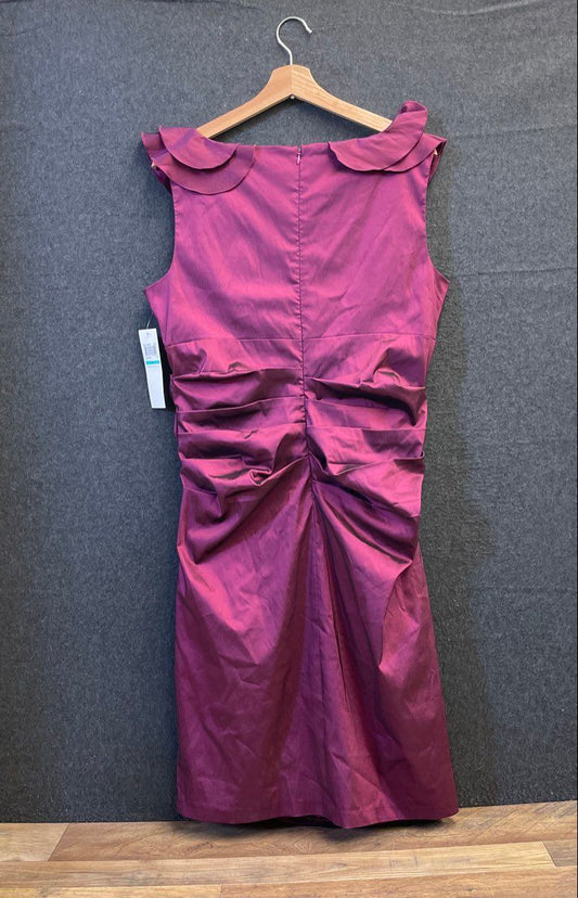 Maggy London Women's Purple Ruffled Metallic Sheen Ruched V-Neck Dress Sz 16 NWT