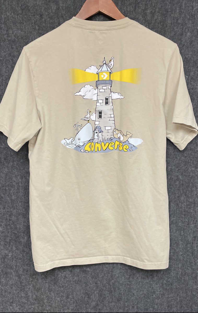 Converse Men's T-Shirt Tan Seagull Lighthouse Graphic Embroidered Logo Size L
