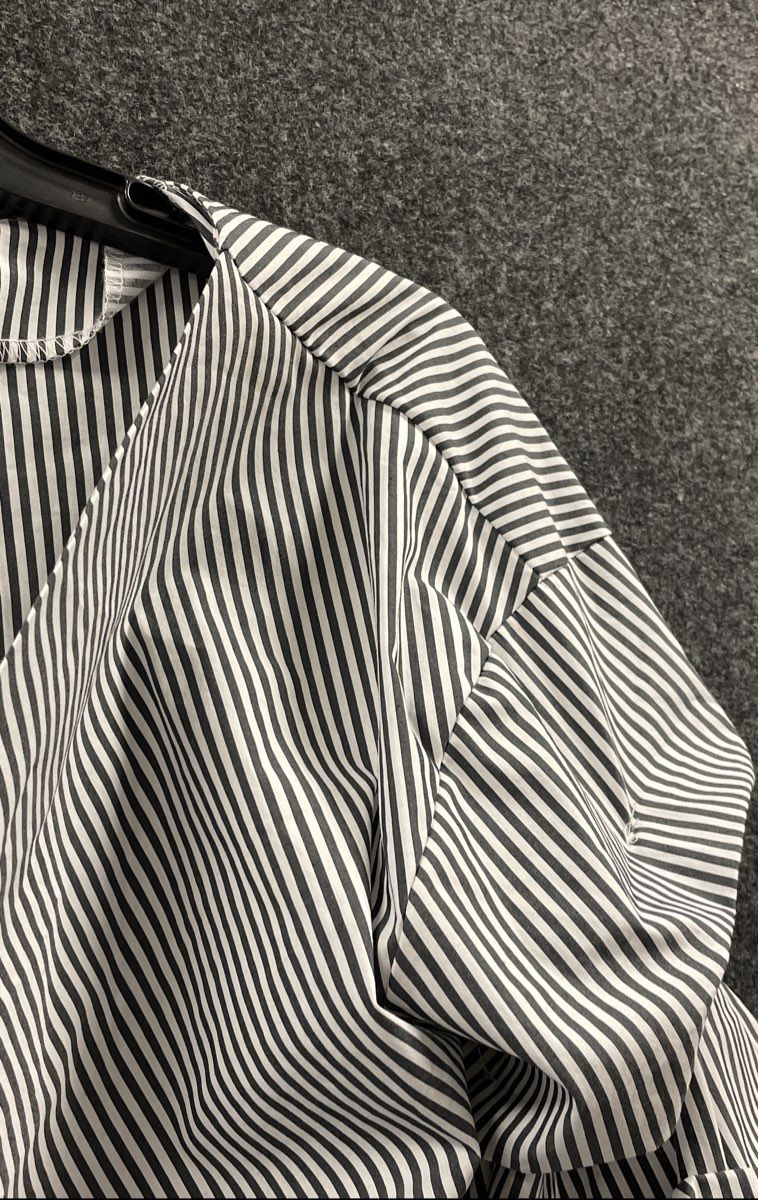 NY&C 7th Ave Women's Black Striped Wrap Blouse Tie Waist Puff Sleeve Sz L NWT