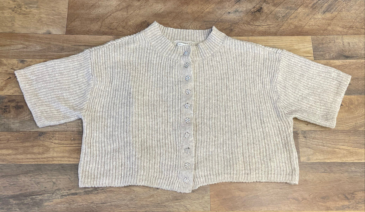 American Eagle Women's Beige Ribbed Cardigan Rhinestone Flower Buttons Sz L