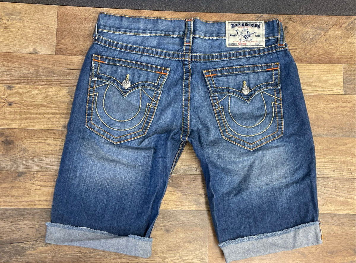 True Religion Men's Blue Distressed Cut Off Denim Shorts Horseshoe Sz 36