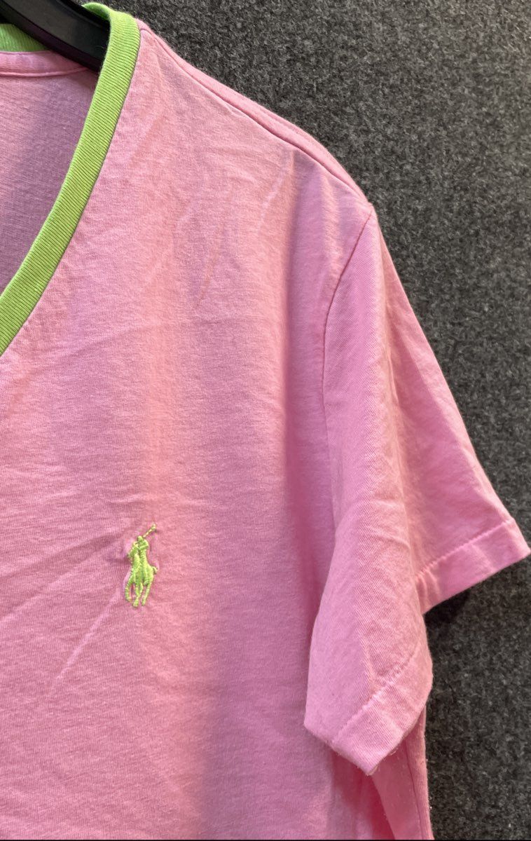 Ralph Lauren Sport Women's Pink V-Neck T-Shirt Lime Green Trim Pony Logo Sz XL