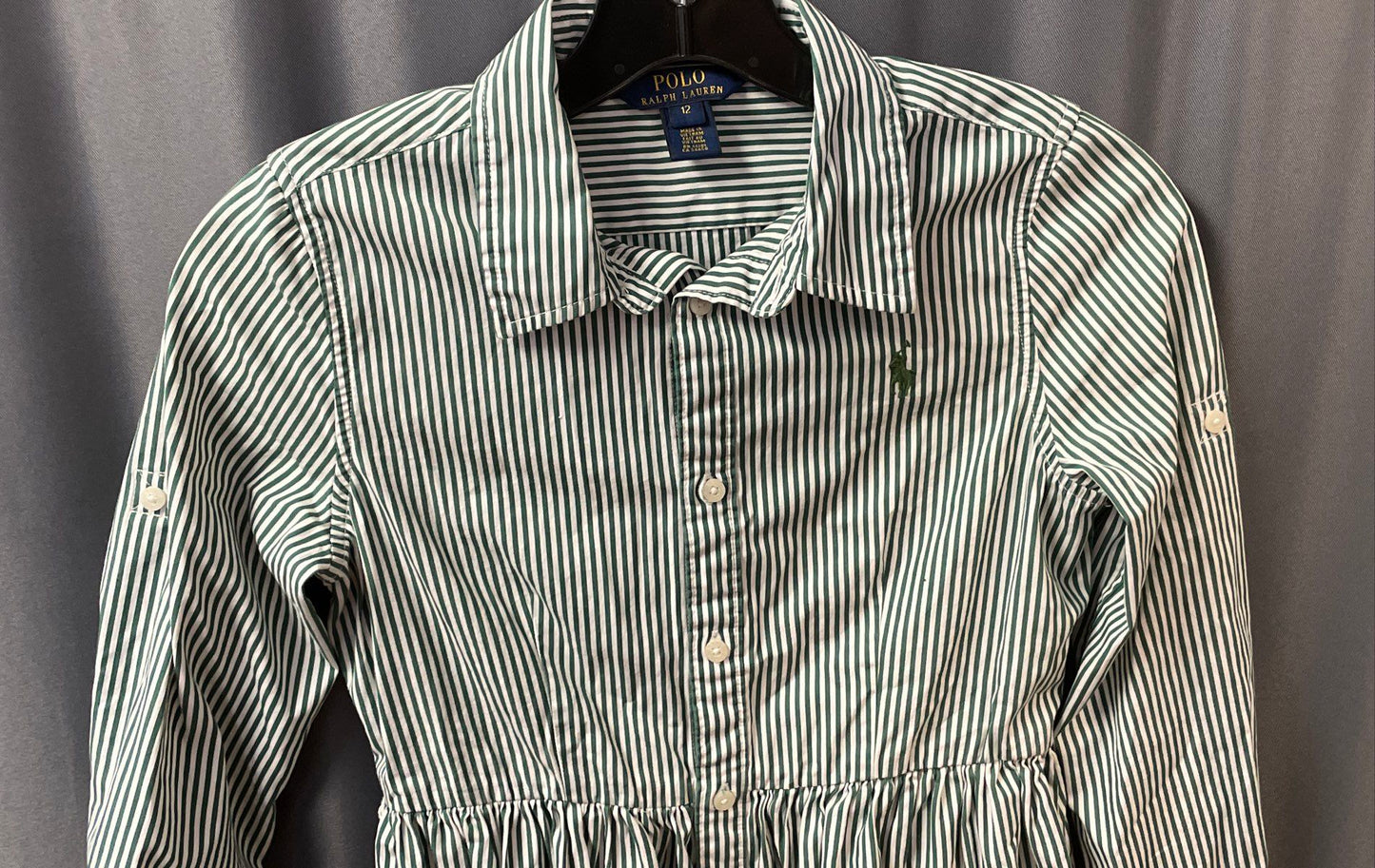 Polo Ralph Lauren Girls Green White Pinstripe Shirt Dress Roll Tab Sleeve Sz 12
