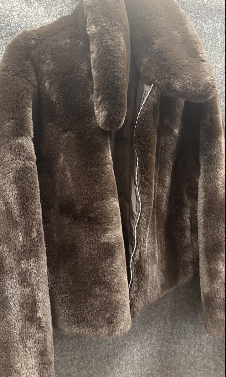 GAP Women's Brown Faux Fur Full Zip Jacket Oversized Collar Size M