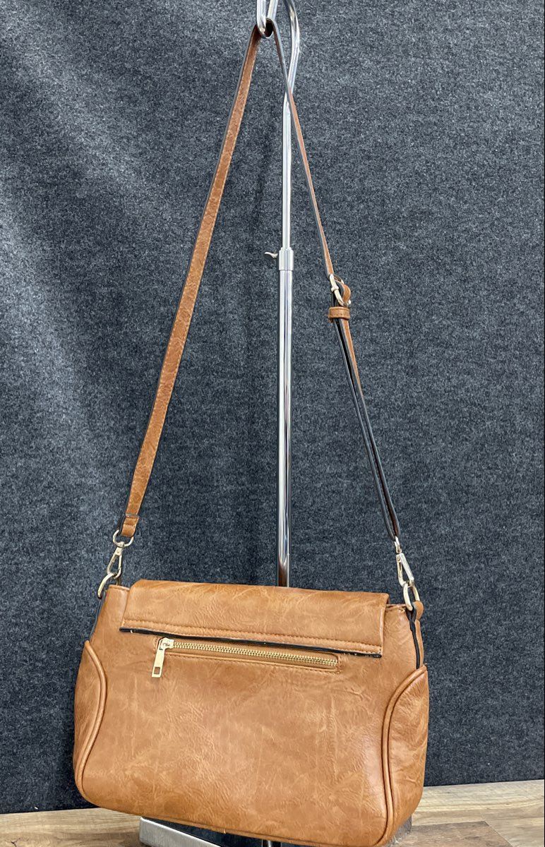 Brown Leather Flap Crossbody Bag Gold Hardware Adjustable Strap Medium