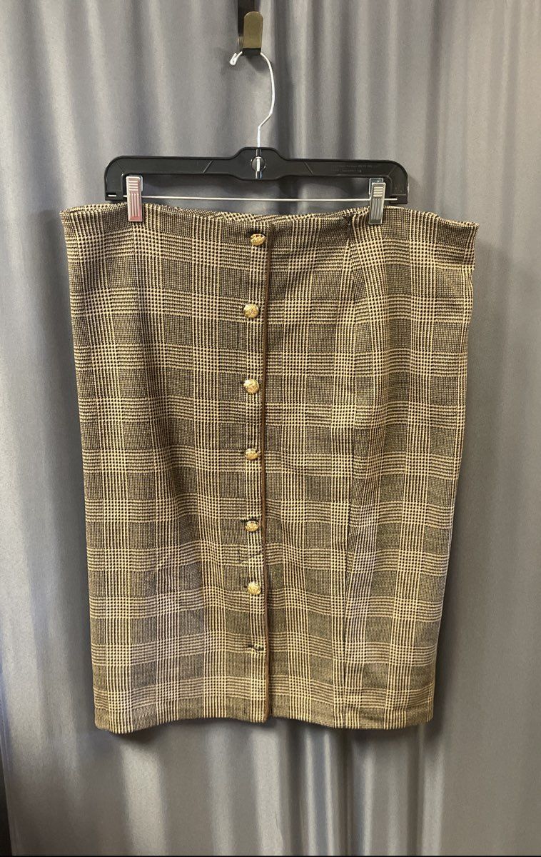 Lauren Ralph Lauren Women's Brown Plaid Gold Crest Button Front Pencil Skirt XL