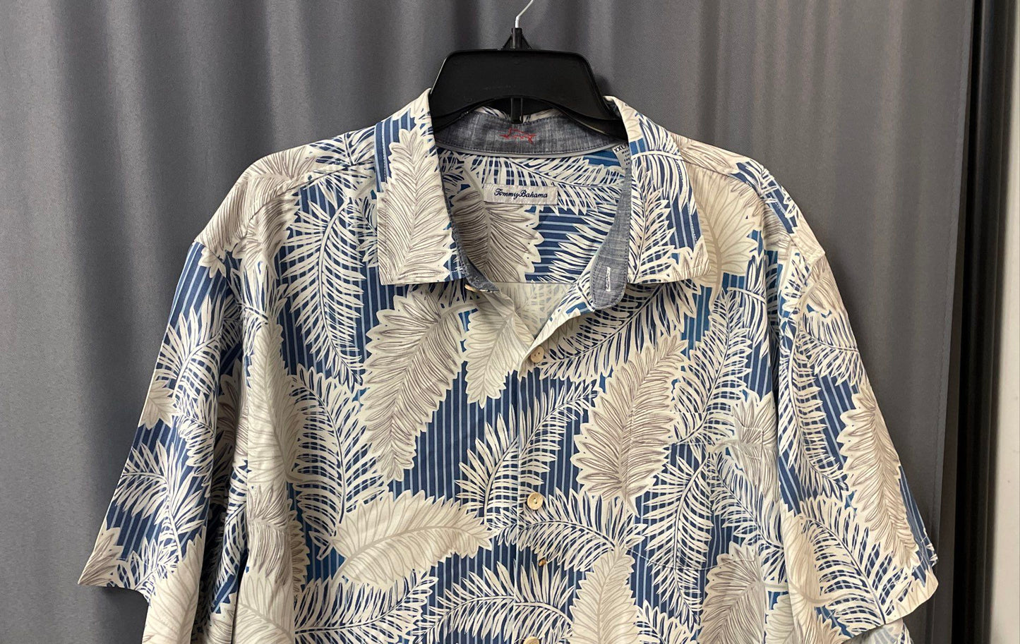 Tommy Bahama Men's Blue White Palm Leaf Striped Silk Blend Aloha Shirt Sz XXL