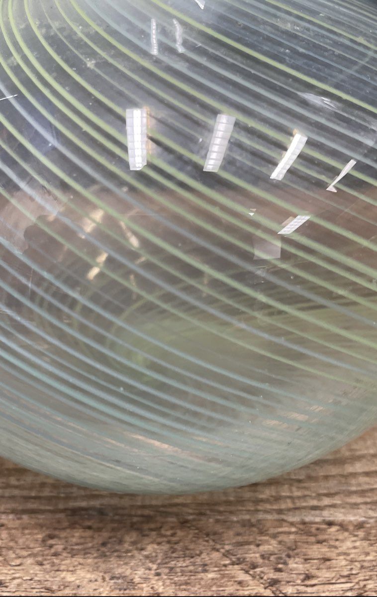 Art Glass Vase Spiral Swirl Pattern Light Blue Rim Bulbous Body 9" Vintage