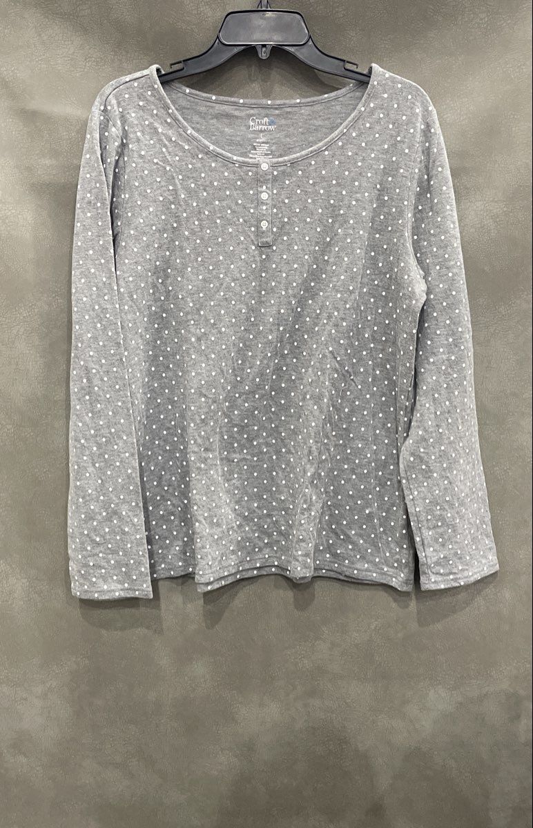 Croft & Barrow Women's Gray Polka Dot Henley Long Sleeve Pointelle Sleep Top L