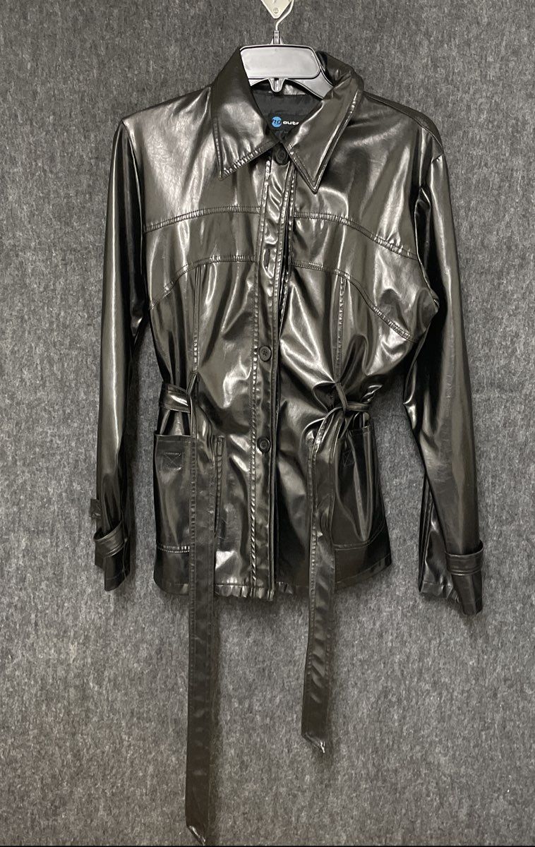 HG Outerwear Women's Black Faux Leather Belted Button Front Jacket Sz M
