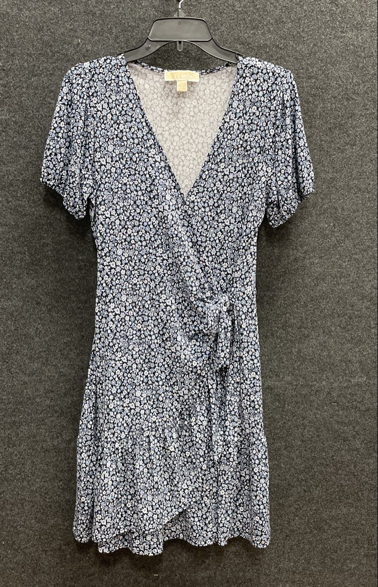 Michael Kors Women's Blue White Floral Faux Wrap Ruffle Hem Short Sleeve Dress M