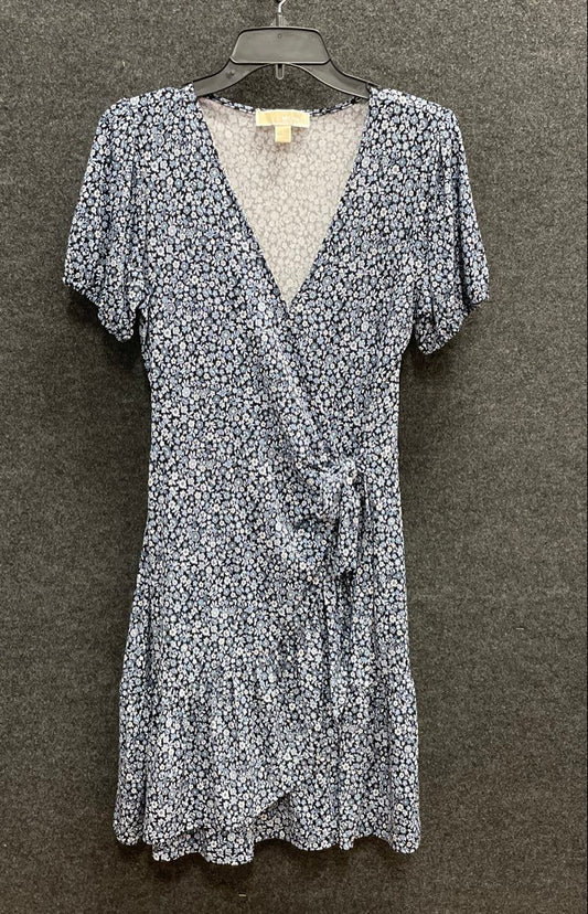 Michael Kors Women's Blue White Floral Faux Wrap Ruffle Hem Short Sleeve Dress M