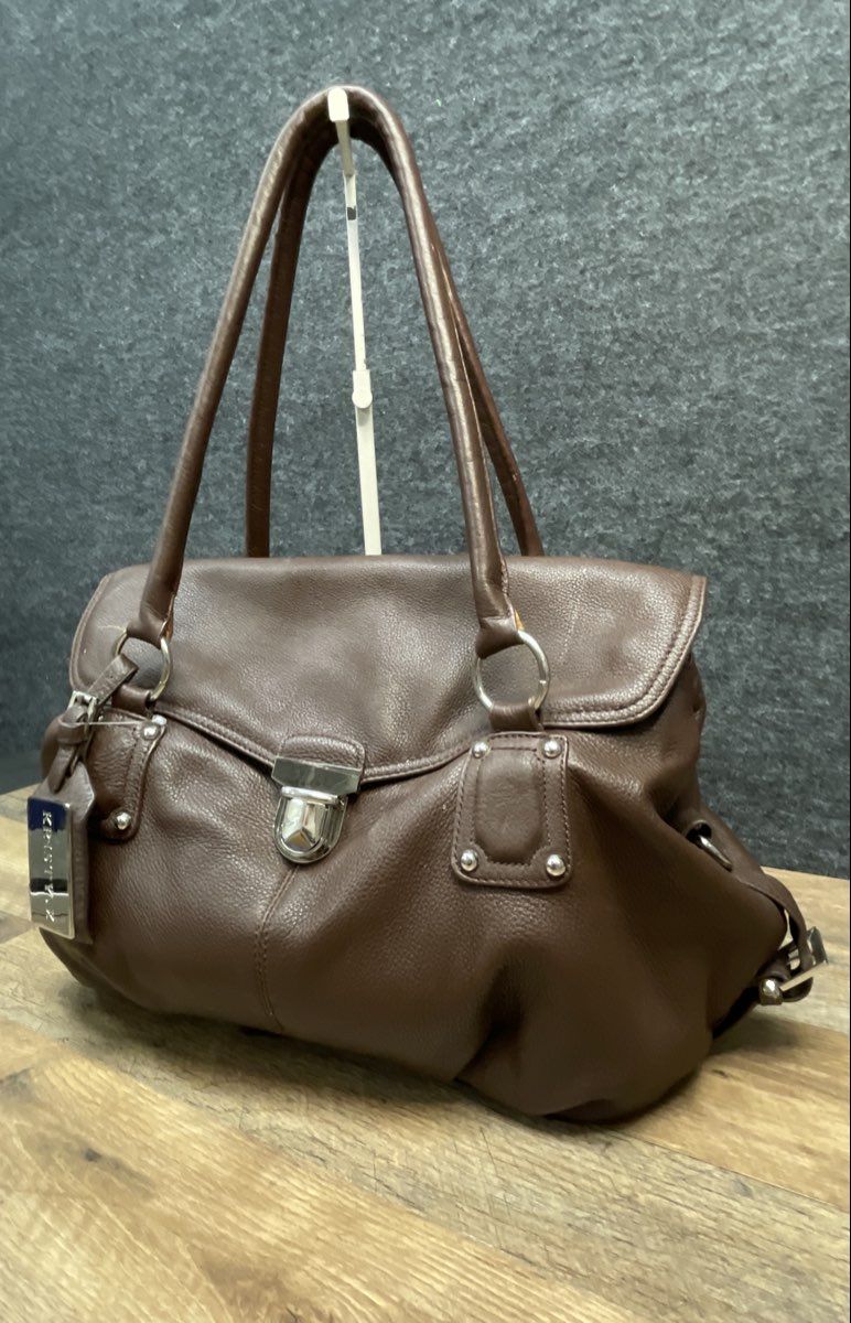Kristy K Brown Pebbled Leather Satchel Shoulder Bag Silver Hardware