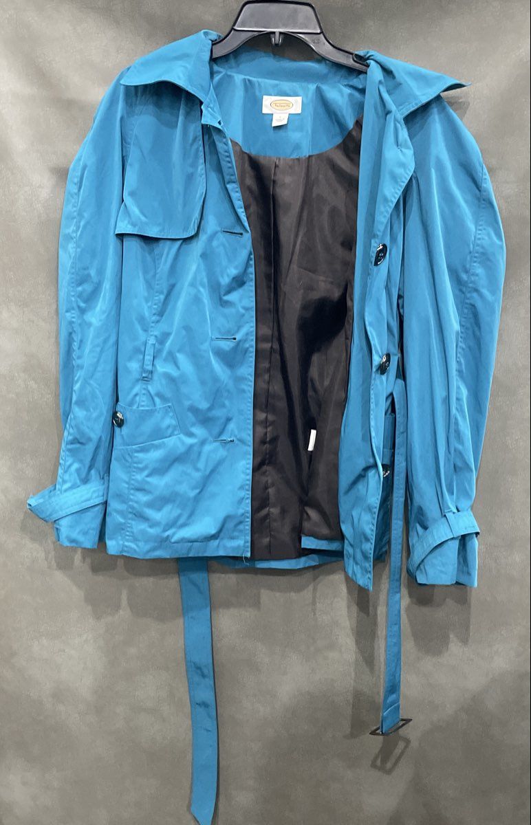 Talbots Women's Blue Belted Button Front Windbreaker Trench Jacket Pockets Sz L