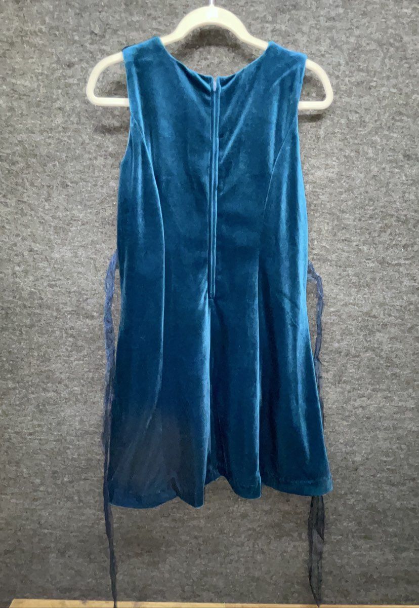 Vintage Y2K Girls Teal Blue Velvet Sleeveless Fit & Flare Dress Tie Waist